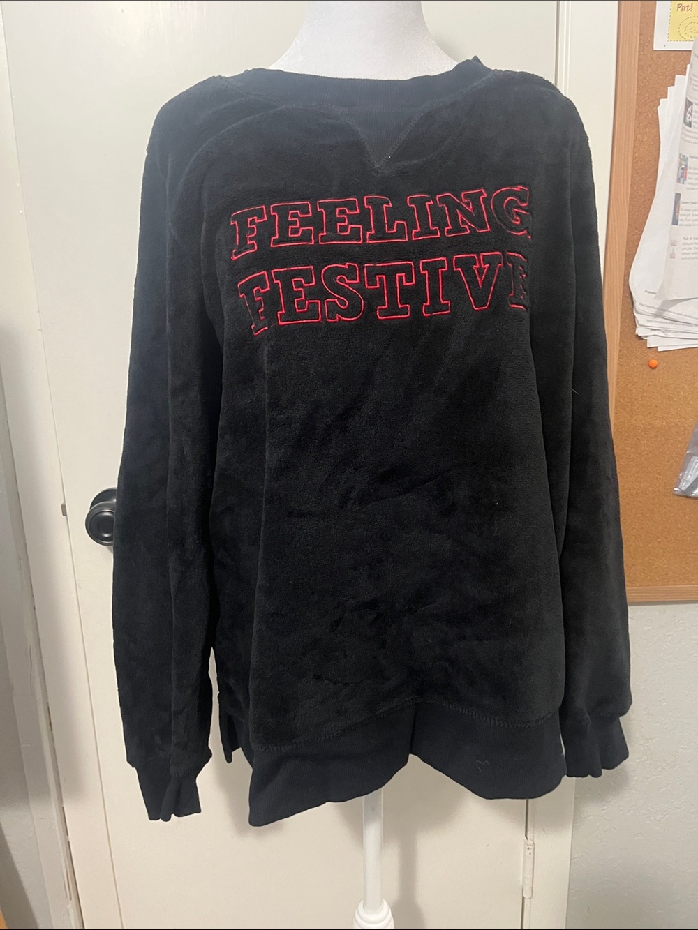 PINK Victoria's Secret Black Crewneck with Red 'FEELING FESTIVE' Embroidery